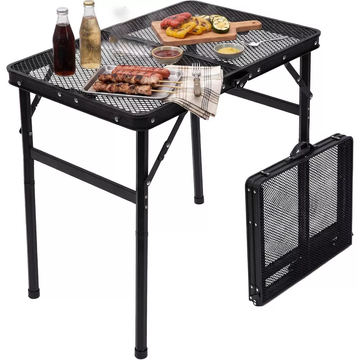 Masă de camping pliabilă cu înălțime reglabilă, blat din plasă metalică